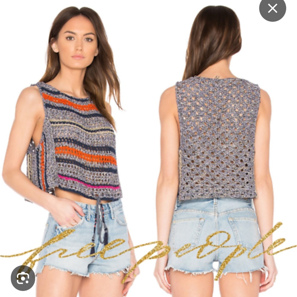 Free People Multicolor Open Weave Knit Crochet Cropped Sweater